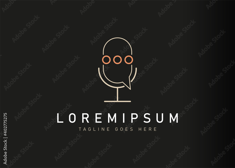 Podcast logo design. Vector illustration of chat bubble with mic stand. Vintage logo design vector line icon template Podcast logo design. Vector illustration of chat bubble with mic stand. Vintage logo design vector line icon template