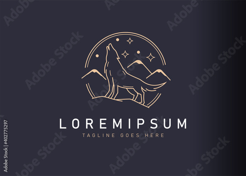 Wolf howling logo design. Vector illustration of wolf howling with mountain landscape. Vintage logo design vector line icon template
