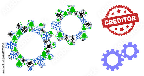 Winter coronavirus composition gearwheels, and unclean Creditor red rosette seal. Collage gearwheels is composed of coronavirus, fir tree, and snowflake symbols. Red Creditor seal uses rosette shape.