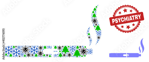 Winter Covid-2019 mosaic vape smoke, and rubber Psychiatry red rosette stamp. Mosaic vape smoke is formed with covid, fir tree, and snowflake symbols. Red Psychiatry imprint uses rosette shape.