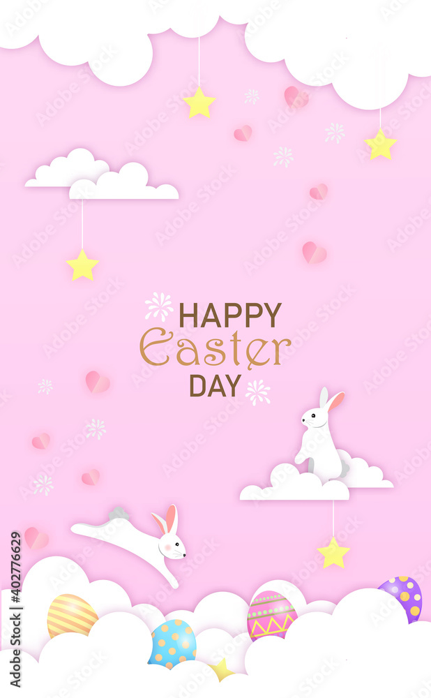 The Little bunny playing Easter eggs on cloud. Happy Easter postcard of vector paper cut.