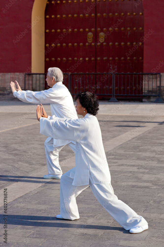 Two old people playing Tai Chi in the park Two old people playing Tai Chi in the park
