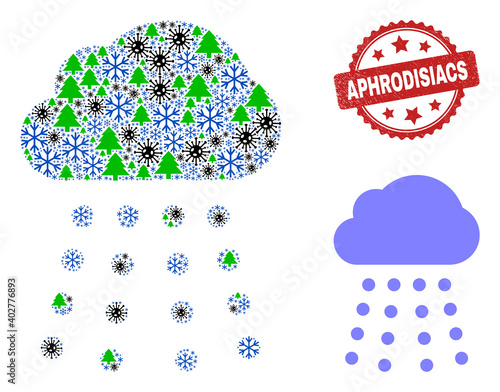 Winter pandemic collage rain cloud, and distress Aphrodisiacs red rosette stamp print. Collage rain cloud is made with viral, green tree, and snow flake items.