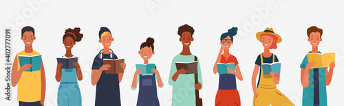 Young people reading books. Back to school, Study, Learning, Knowledge and Education vector concept