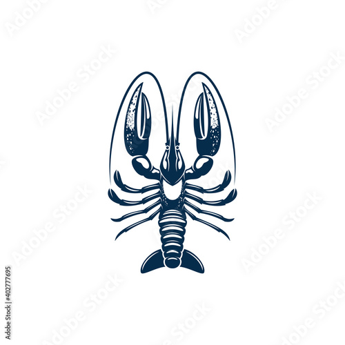 Lobster seafood animal isolated crustacean with big claws. Vector large marine crayfish with claws
