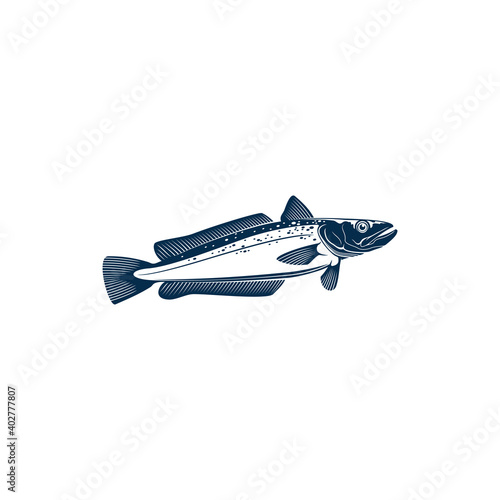 Hake cod-like fish isolated icon. Vector Merlucciidae and Phycidae Atlantic ocean habitat, saltwater cold blooded fish, raw fresh or cooked. European hake, fishing sport mascot or trophy