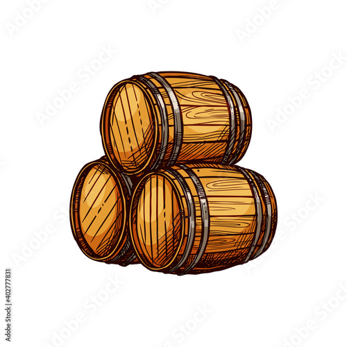 Wooden cask with alcohol drink isolated oak tanks sketch. Vector barrels with wine, beer, rum or wine