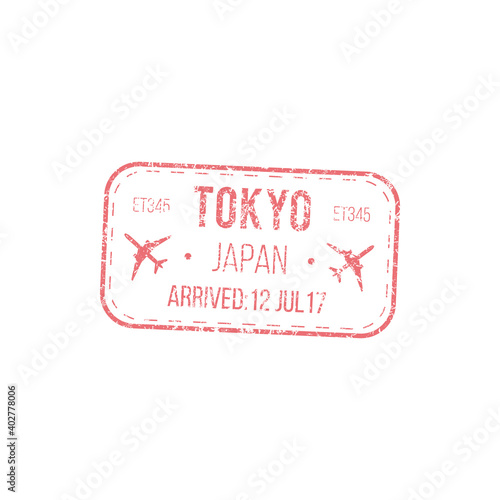 Arrived to Tokyo, Japan isolated airport visa stamp. Vector grunge border control seal