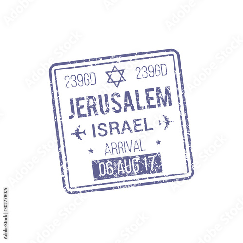 Jerusalem visa template isolated Israel control stamp. Vector document admitted to pass border