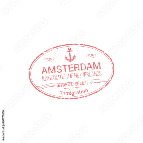 Immigration visa stamp of Amsterdam isolated Netherlands passport control seal. Vector international legal pass