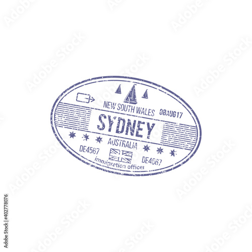 Grunge rubber stamp isolated visa to New South Wales, Sydney. Vector immigration officer Australia harbor sign