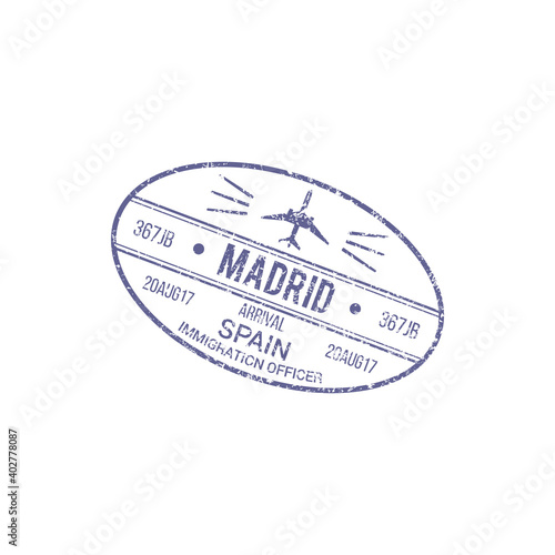 Spain immigration officer visa stamp isolated arrived to Madrid seal. Vector airport control official sign