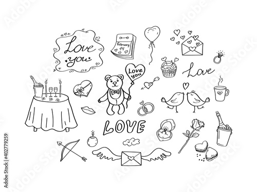Valentine's Day doodle set. Collection hand-drawn vector elements for wedding or Valentine's Day design. Hearts, bear, rose, wedding ring and other romantic elements. Black outline isolated