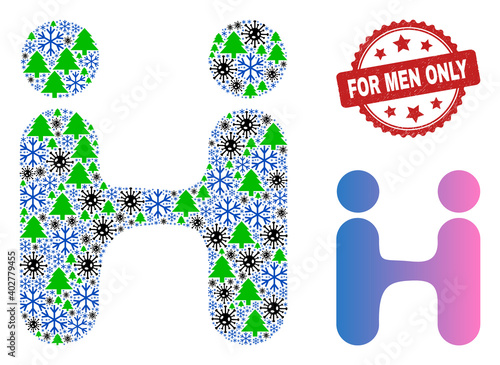 Winter Covid collage human conjugation, and distress For Men Only red rosette watermark. Collage human conjugation is composed with viral, fir-tree, and ice crystal symbols.