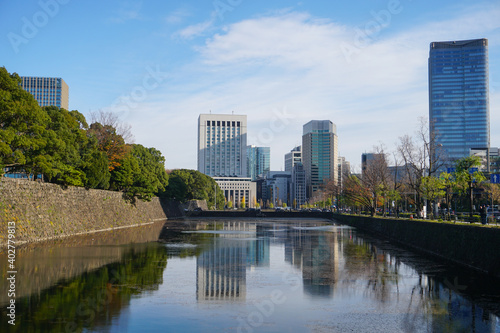 Fototapeta Naklejka Na Ścianę i Meble -  Reflection on Skyscrapers near Imperial Palace Chiyoda city Tokyo Japan
