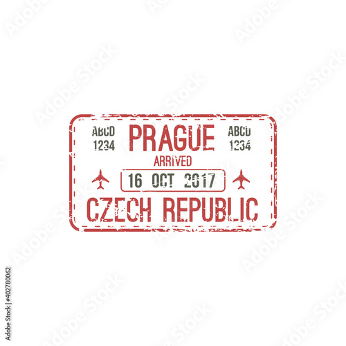 Arrival stamp to Prague, Czech Republic isolated seal in passport. Vector travel by plane, official immigration sign