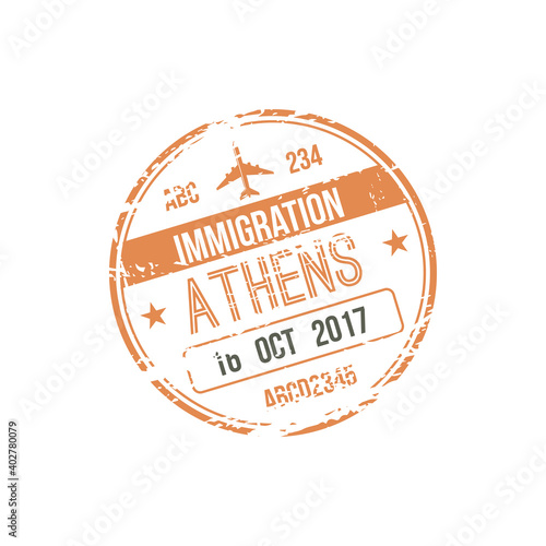 Athens immigration visa stamp isolated. Vector arrival to Greece sign in passport
