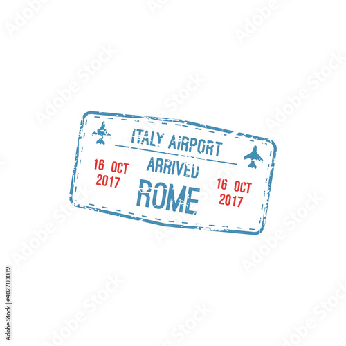 Italy airport arrival stamp, Rome city destination. Vector visa sign template, planes and date