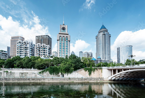 Modern tall buildings and bridge, Guiyang city landscape, China.