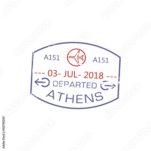Athens departed visa stamp isolated grunge airport sign with planes. Vector Greece border control sign, international immigration mark with date. Departure symbol, air post mark, passport control