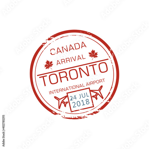 Toronto international airport visa stamp isolated grunge round ink seal. Vector Canada border control symbol, airplane and date on stamp at passport. Immigration sign, air post label with maple leaf