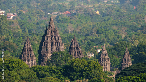 Aerial view of prambanan temple at the morning