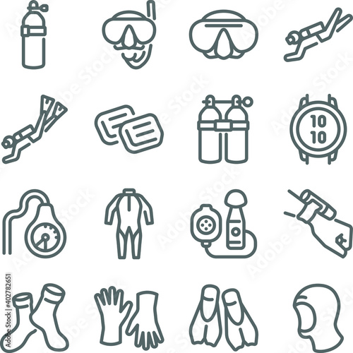 Diving icon illustration vector set. Contains such icons as goggles, scuba, watch, suit, tanks, gloves, and more. Expanded Stroke
