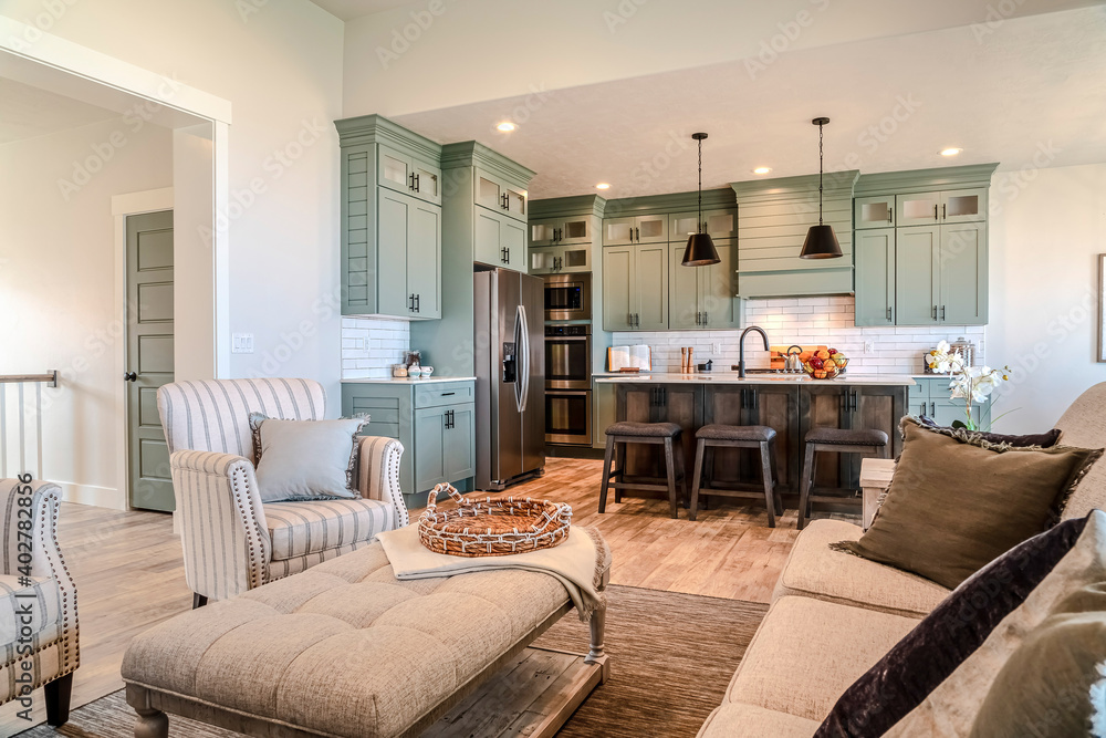 Fototapeta premium Cozy furniture in living room with view of the cooking area and kitchen island