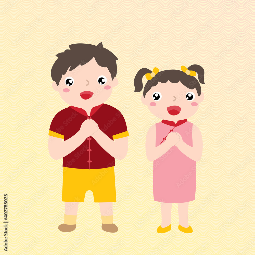 Happy Cute Little Boy And Girl In Traditional Clothes Greeting For A Happy Chinese New Year.