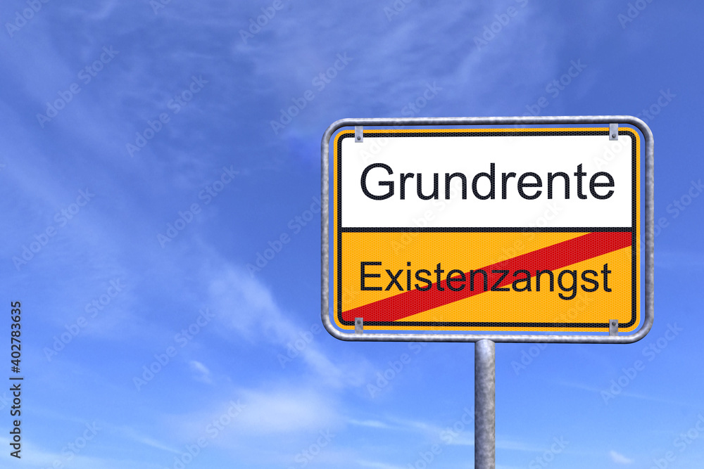 3d Illustration - Ortsschild - Ortstafel - Grundrente - Existenzangst - Himmel - Wolken 3d Illustration - Ortsschild - Ortstafel - Grundrente - Existenzangst - Himmel - Wolken