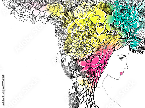 young girl with hair made of flowers and leaves. graphic color drawing. spring  illustration. first and last page for catalog, magazine cover, booklet, postcard by March 8 photo