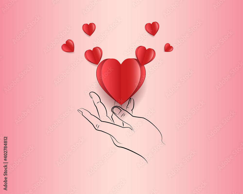 Valentine background, outline of hand and red heart shaped paper cut, vector illustration valentines day, mother's day, love concept and giving love