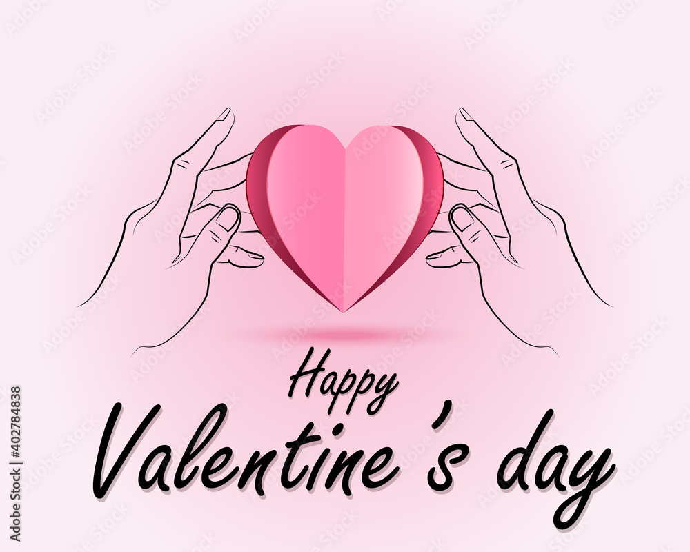 Valentine background with greeting message, layout of two hands holding paper cut pink heart shape, valentines day illustration vector, love concept and giving love Valentine background with greeting message, layout of two hands holding paper cut pink heart shape, valentines day illustration vector, love concept and giving love