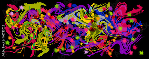 Graffity with abstract bright multycolor pattern layered eps10 vector illustration isolated on black background.