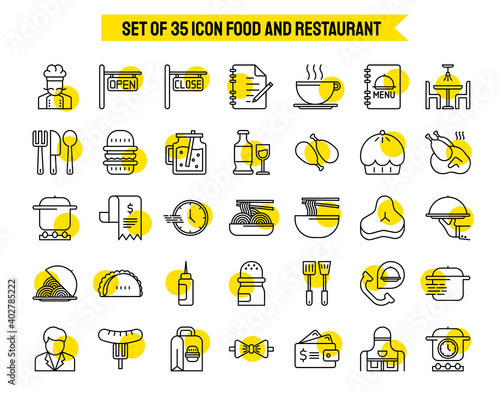 35 icon set of Food and Restaurant Outline with yellow circle for your website design, icon, logo, app. Vector Premium EPS10