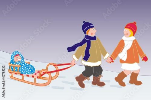 sledge and baby, father and mother on the trip