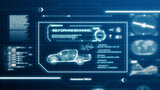 HUD self-driving vehicle pickup truck car specification scanning test user interface on computer screen pixel display panel background. Blue hologram sci-fi tech concept. Front view. 3D illustration