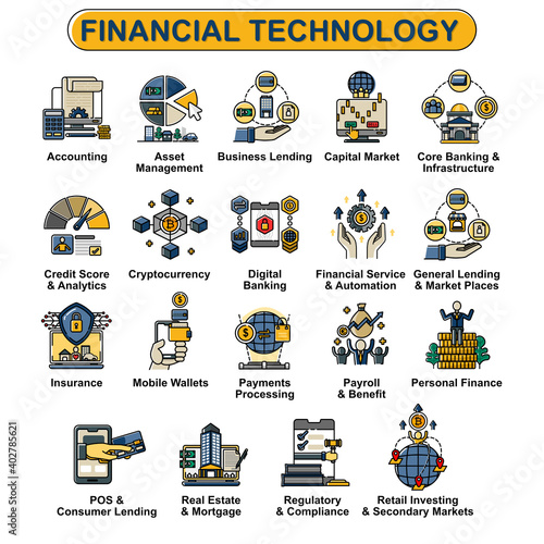 The vector icon set of Fintech or financial technology topic. Several  segment in Fintech industry. Creative flat design for website, business presentation, online article.