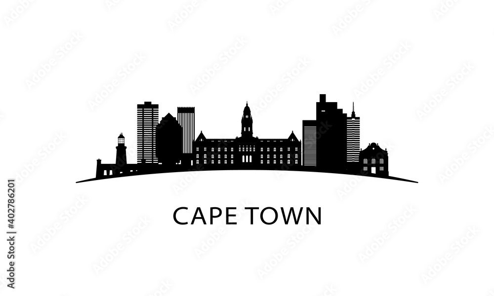 Cape Town city skyline. Black cityscape isolated on white background. Vector banner.