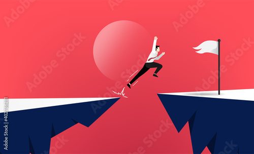 Courage businessman jump through the gap between hill. Business symbol idea vector illustration