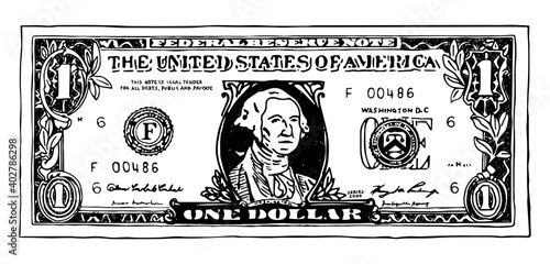 Dollar, One Dollar Banknote black and white flat illustration vector