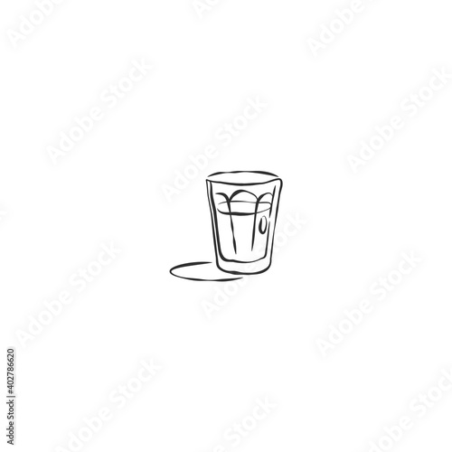 Glass shot vodka with shadow. Drink element. Contour object. Retro wineglass hand draw, design for any purposes. Restaurant illustration. Simple sketch. Isolated on white background in engraving style