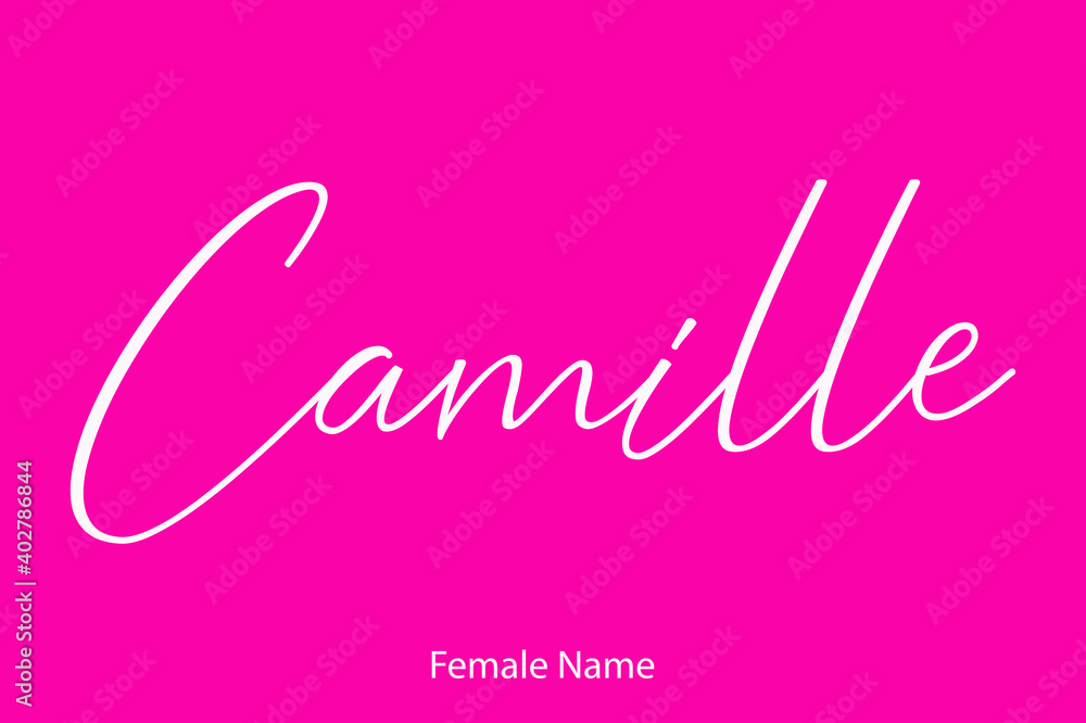 Camille Woman's Name. Typescript Handwritten Lettering Calligraphy Text on Pink Background