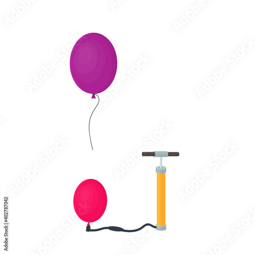 Inflating a balloon. Bicycle pump and balloon, vector illustration