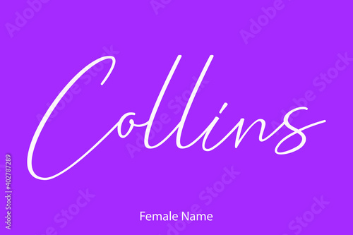 Collins Woman's Name. Typescript Handwritten Lettering Calligraphy Text on Purple Background