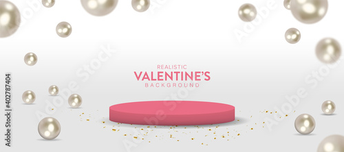 Realistic valentines day. Romantic Premium Vector background with red podium and pearls falling from above. 