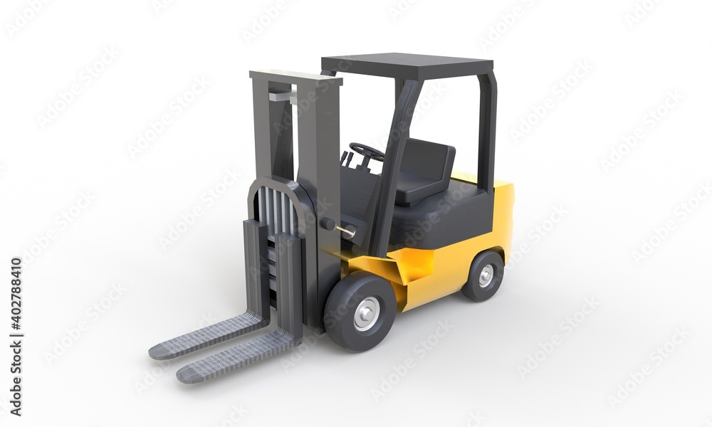 Yellow forklift with empty fork parking on white background. Transportation and Industrial concept. Shipment and delivery storage. 3D illustration rendering