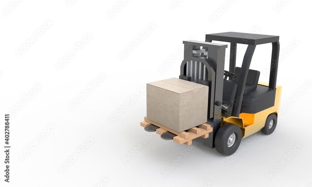Yellow forklift moving and lifting up cardboard box pallet on white background. Transportation and Industrial concept. Shipment and delivery storage. Copy space. 3D illustration rendering Yellow forklift moving and lifting up cardboard box pallet on white background. Transportation and Industrial concept. Shipment and delivery storage. Copy space. 3D illustration rendering
