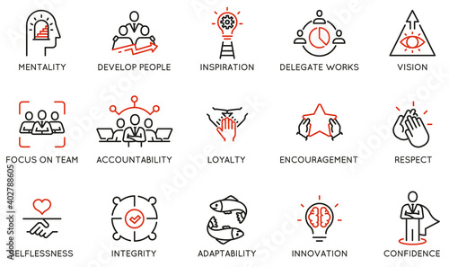 Vector Set of Linear Icons Related to Leadership Traits, Qualities for Success. Development and Teamwork. Mono Line Pictograms and Infographics Design Elements - part 1 photo