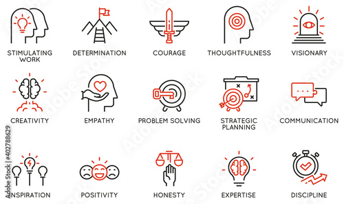 Vector Set of Linear Icons Related to Leadership Traits, Qualities for Success. Development and Teamwork. Mono Line Pictograms and Infographics Design Elements - part 2 photo